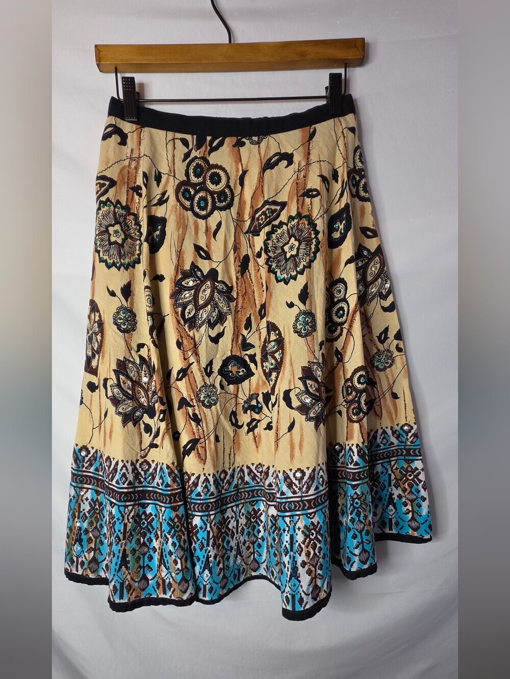 Carolyn Taylor Womens Small Boho Floral Sequin A-Line Midi Skirt Cotton Yellow